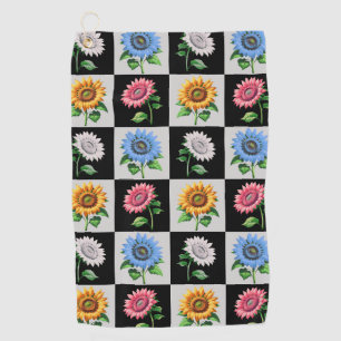 Checkered Multicolored Sunflower Floral Design Golf Towel