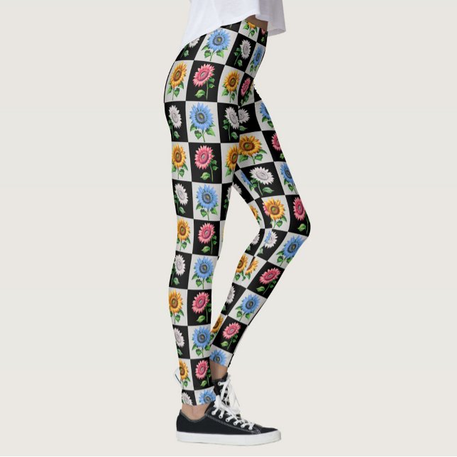 Checkered Multicolored Sunflower Floral Design  Leggings (Creator Uploaded)