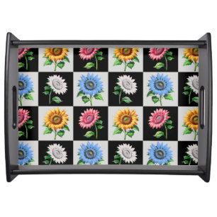 Checkered Multicolored Sunflower Floral Design Serving Tray