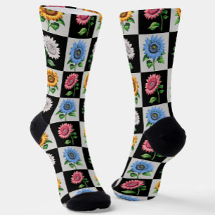 Checkered Multicolored Sunflower Floral Design  Socks