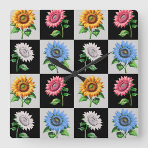 Checkered Multicolored Sunflower Floral Design Square Wall Clock