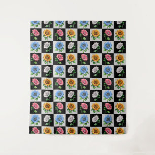 Checkered Multicolored Sunflower Floral Design Tapestry