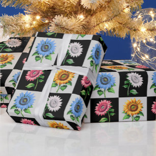 Checkered Multicolored Sunflower Floral Design Wrapping Paper