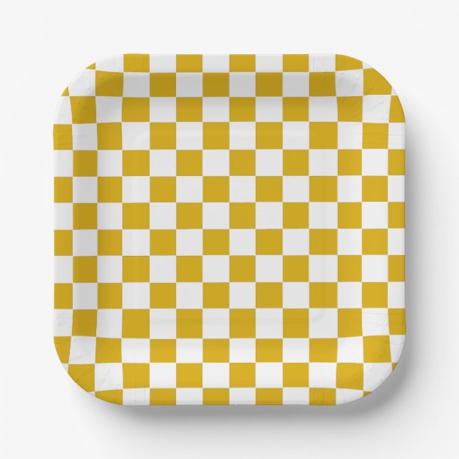 Checkered mustard yellow and White Paper Plates (Front)