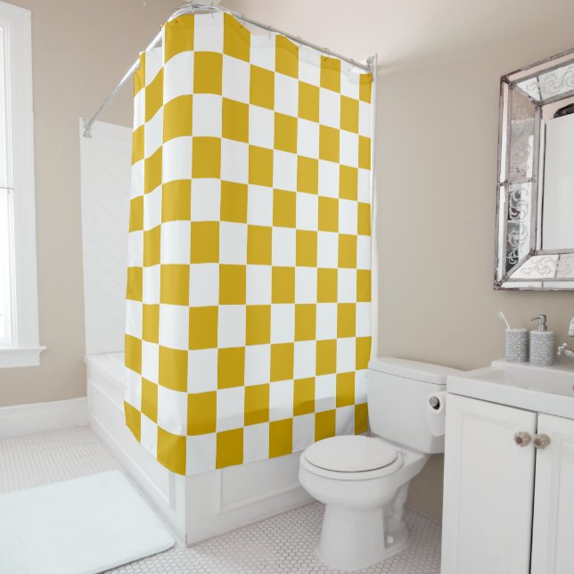 Checkered mustard yellow and White Shower Curtain (In Situ)