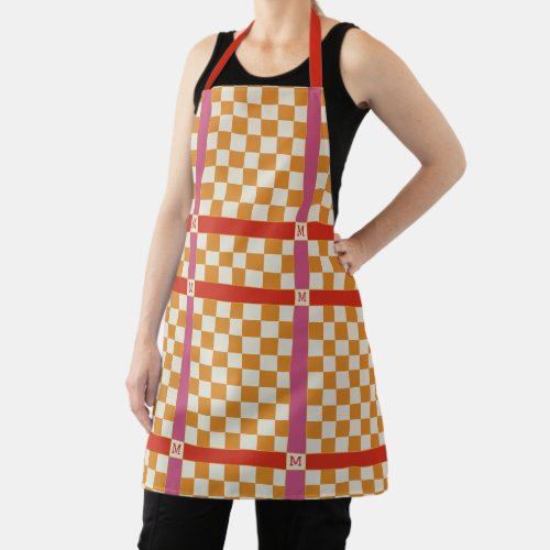 Checkered Name Initial Monogram Red Gold  Pink Apron