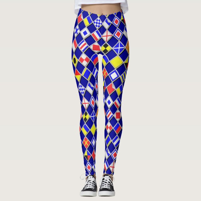 Checkered Nautical Signal Flags Navy Blues Leggings (Front)
