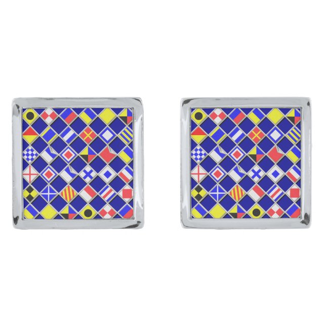 Checkered Nautical Signal Flags Silver Cufflinks (Front)