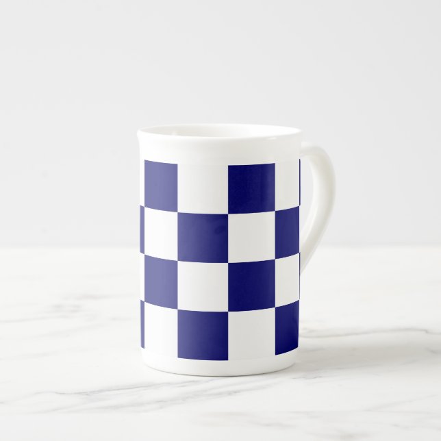 Checkered Navy and White Bone China Mug (Front Right)
