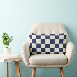 Checkered Navy Blue and Cream Lumbar Pillow