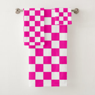 Checkered Neon Pink and White Bath Towel Set