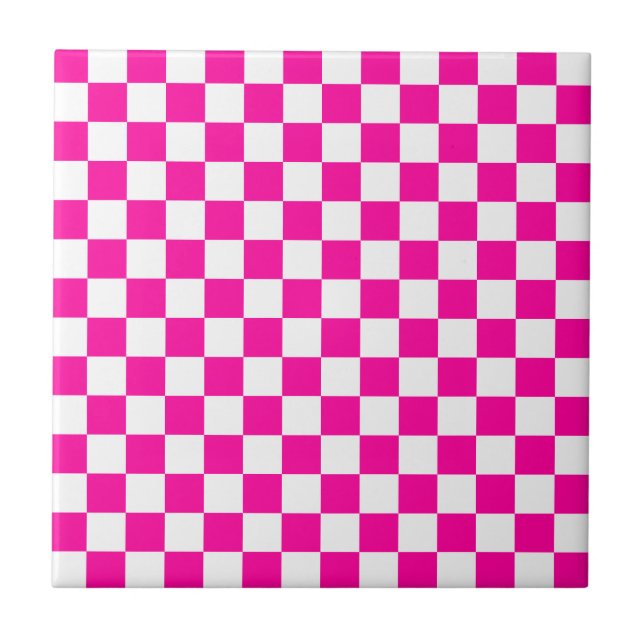 Checkered Neon Pink and White  Ceramic Tile (Front)