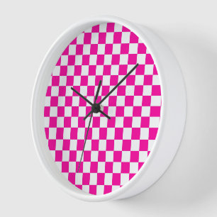 Checkered Neon Pink and White Clock