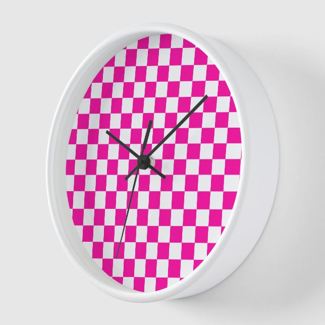 Checkered Neon Pink and White  Clock (Angle)