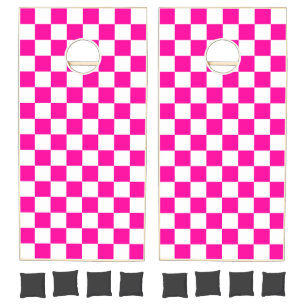 Checkered Neon Pink and White  Cornhole Set