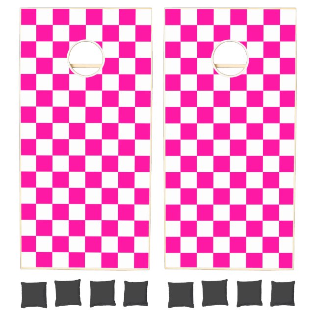 Checkered Neon Pink and White  Cornhole Set (Set)