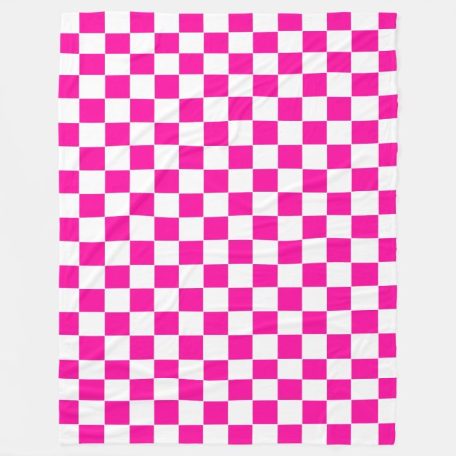 Checkered Neon Pink and White  Fleece Blanket (Front)