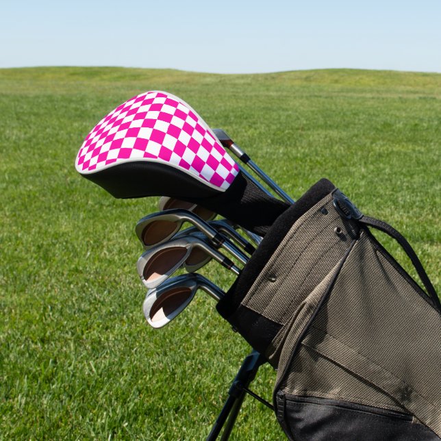 Checkered Neon Pink and White  Golf Head Cover (In Situ)