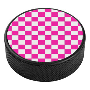 Checkered Neon Pink and White Hockey Puck