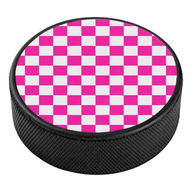 Checkered Neon Pink and White  Hockey Puck (3/4)