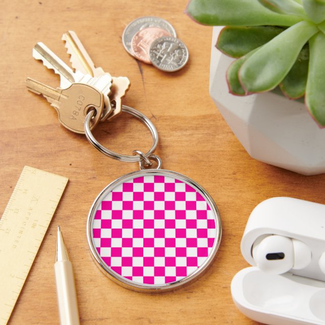Checkered Neon Pink and White  Keychain (Desk)