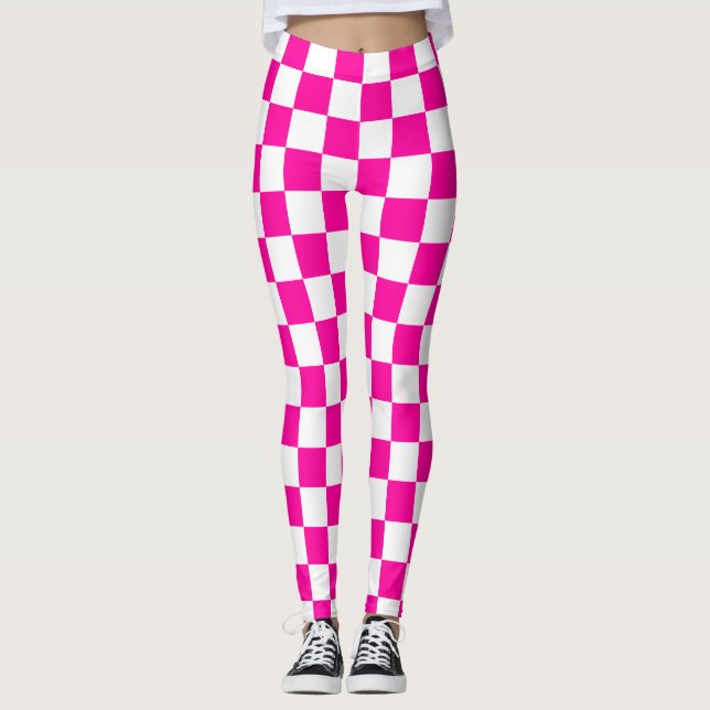 Checkered Neon Pink and White  Leggings (Front)