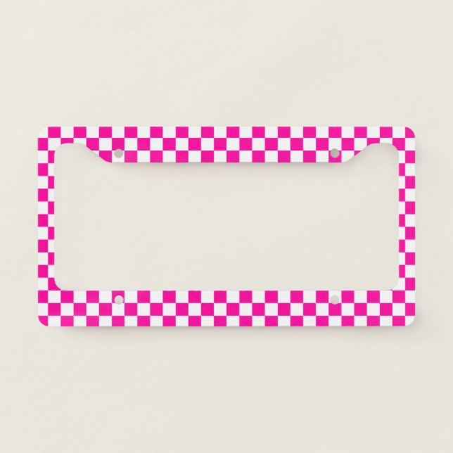 Checkered Neon Pink and White  License Plate Frame (Front)