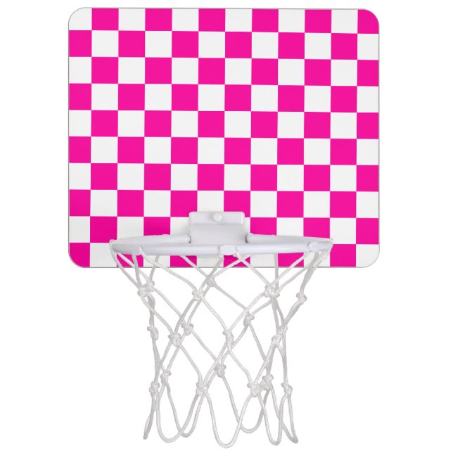Checkered Neon Pink and White  Mini Basketball Hoop (Front)