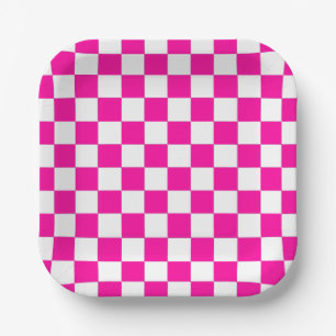 Checkered Neon Pink and White  Paper Plates