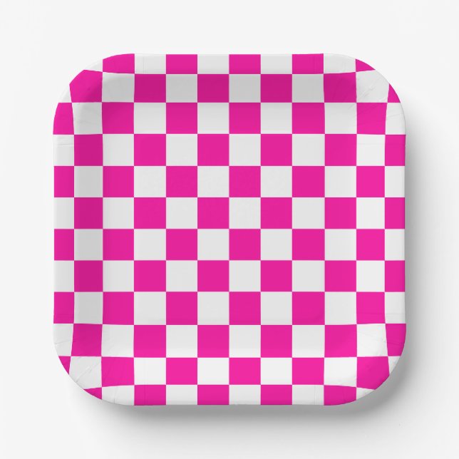 Checkered Neon Pink and White  Paper Plates (Front)