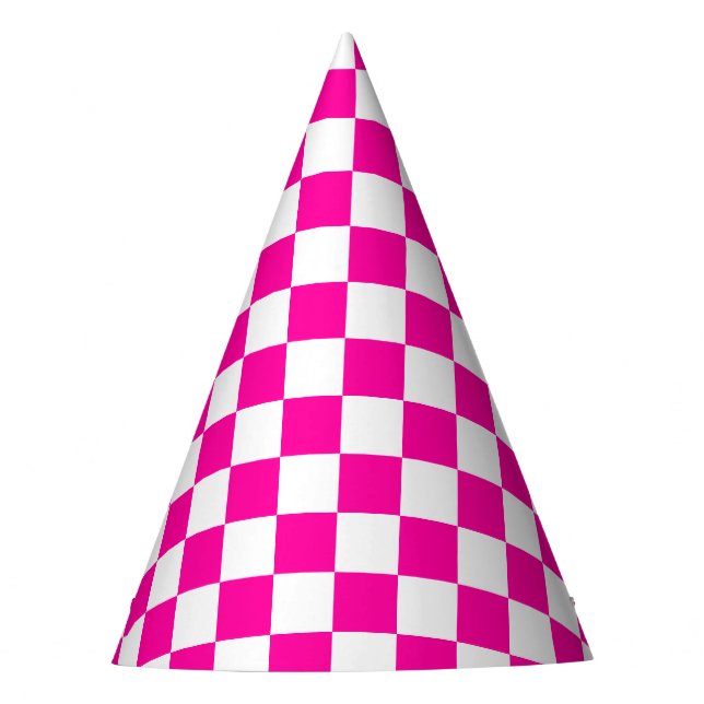 Checkered Neon Pink and White  Party Hat (Front)