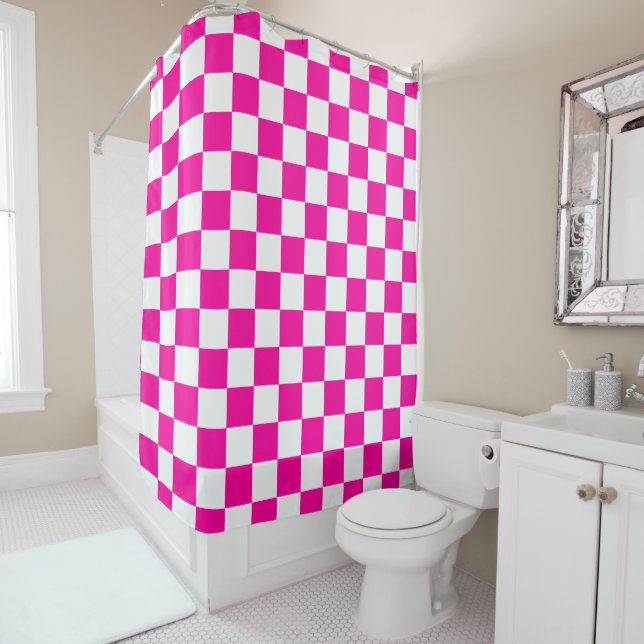 Checkered Neon Pink and White  Shower Curtain (In Situ)