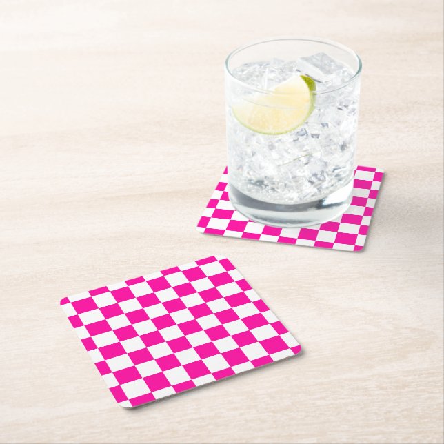 Checkered Neon Pink and White  Square Paper Coaster (Insitu)