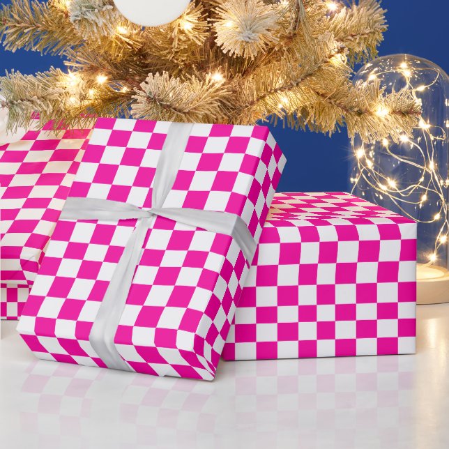 Checkered Neon Pink and White  Wrapping Paper (Holidays)