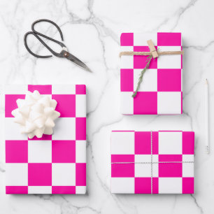 Checkered Neon Pink and White Wrapping Paper Sheets