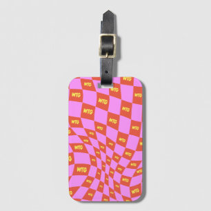 checkered neon pink orange yellow modern retro luggage tag