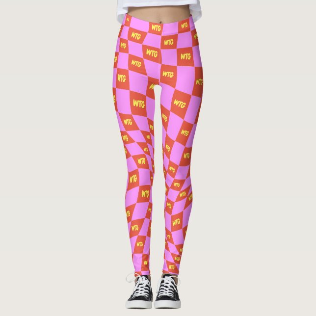 checkered neon pink orange yellow monogrammed  leggings (Front)
