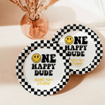 Checkered One Happy Dude 1st Birthday Smile Paper Plates<br><div class="desc">These awesome One Happy Dude Paper Plates features a retro smile face with a black and white checkered background - the perfect way to accent your happy little dude's birthday party. Easily edit most wording to match your event! Are you wanting to use a different color scheme? No problem! Text...</div>