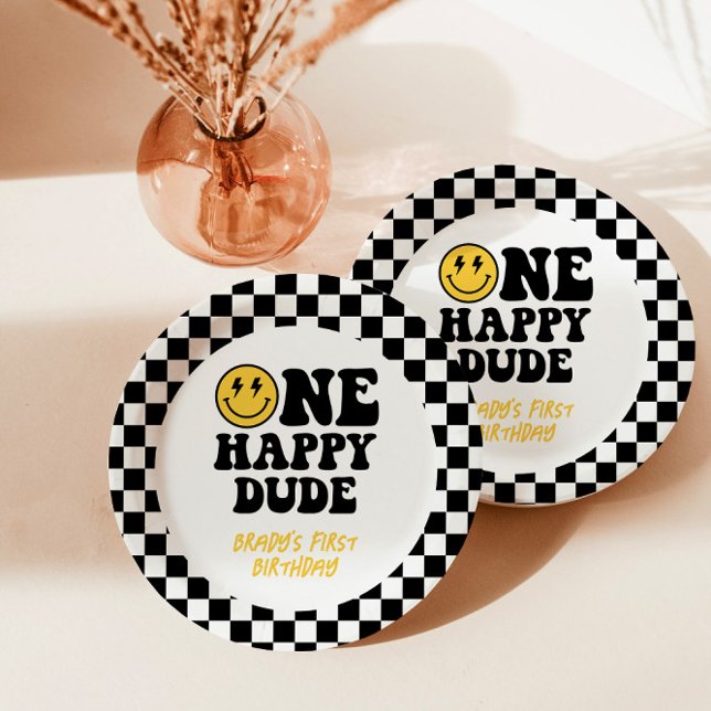 Checkered One Happy Dude 1st Birthday Smile Paper Plates (Creator Uploaded)