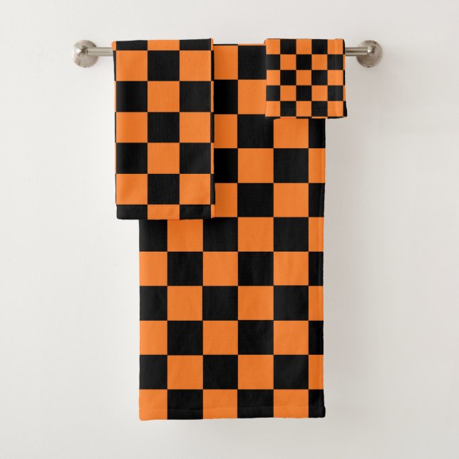 Checkered Orange and Black Bath Towel Set (Insitu)