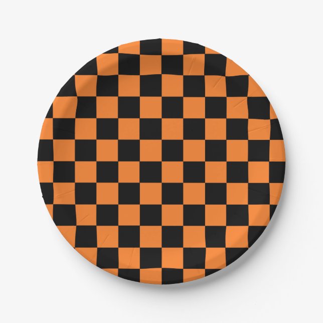 Checkered Orange and Black Paper Plates (Front)