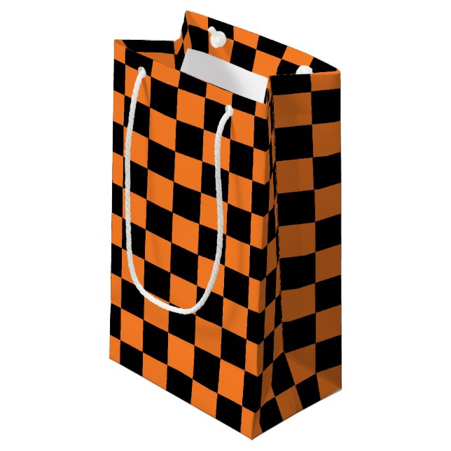 Checkered Orange and Black Small Gift Bag (Front Angled)