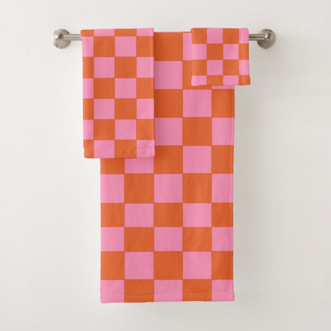 Checkered Orange and Pink  Bath Towel Set (Insitu)