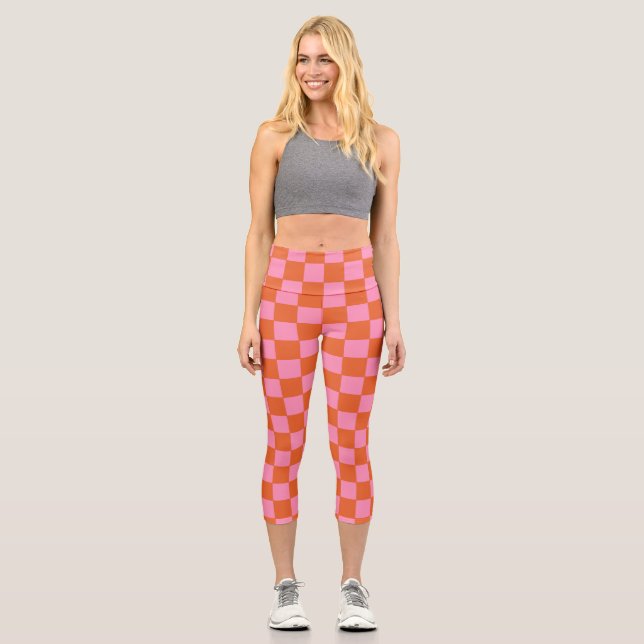 Checkered Orange and Pink  Capri Leggings (Front)