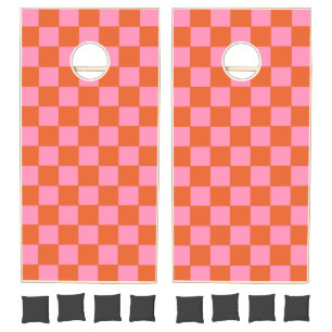 Checkered Orange and Pink Cornhole Set