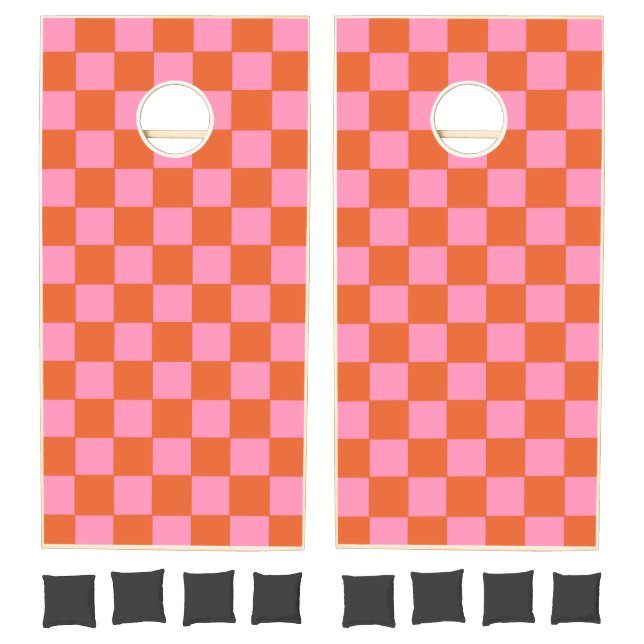 Checkered Orange and Pink  Cornhole Set (Set)