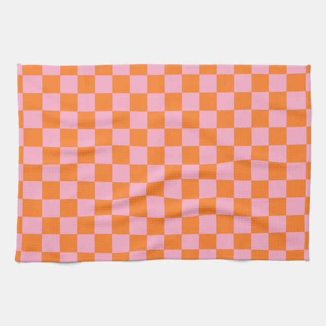Checkered Orange and Pink Kitchen Towel (Horizontal)