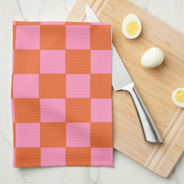 Checkered Orange and Pink  Kitchen Towel (Quarter Fold)