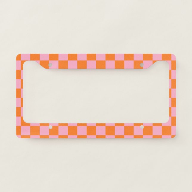 Checkered Orange and Pink  License Plate Frame (Front)