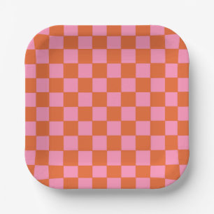 Checkered Orange and Pink Paper Plates